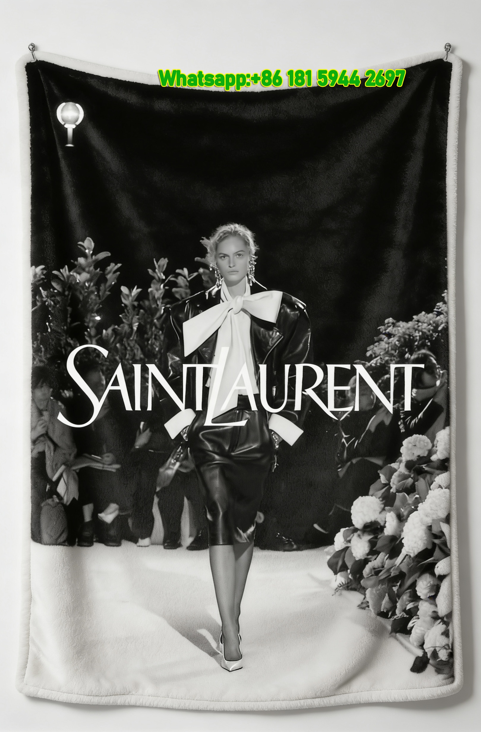 Yves Saint Laurent YSL Black White Runway Model With Big Bow Print Flannel Throw Blanket IMG_3286